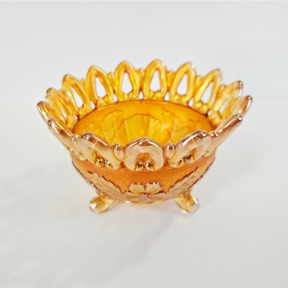 Antique Northwood "Golden Iris" Wild Rose Pattern Carnival Glass Footed Bowl